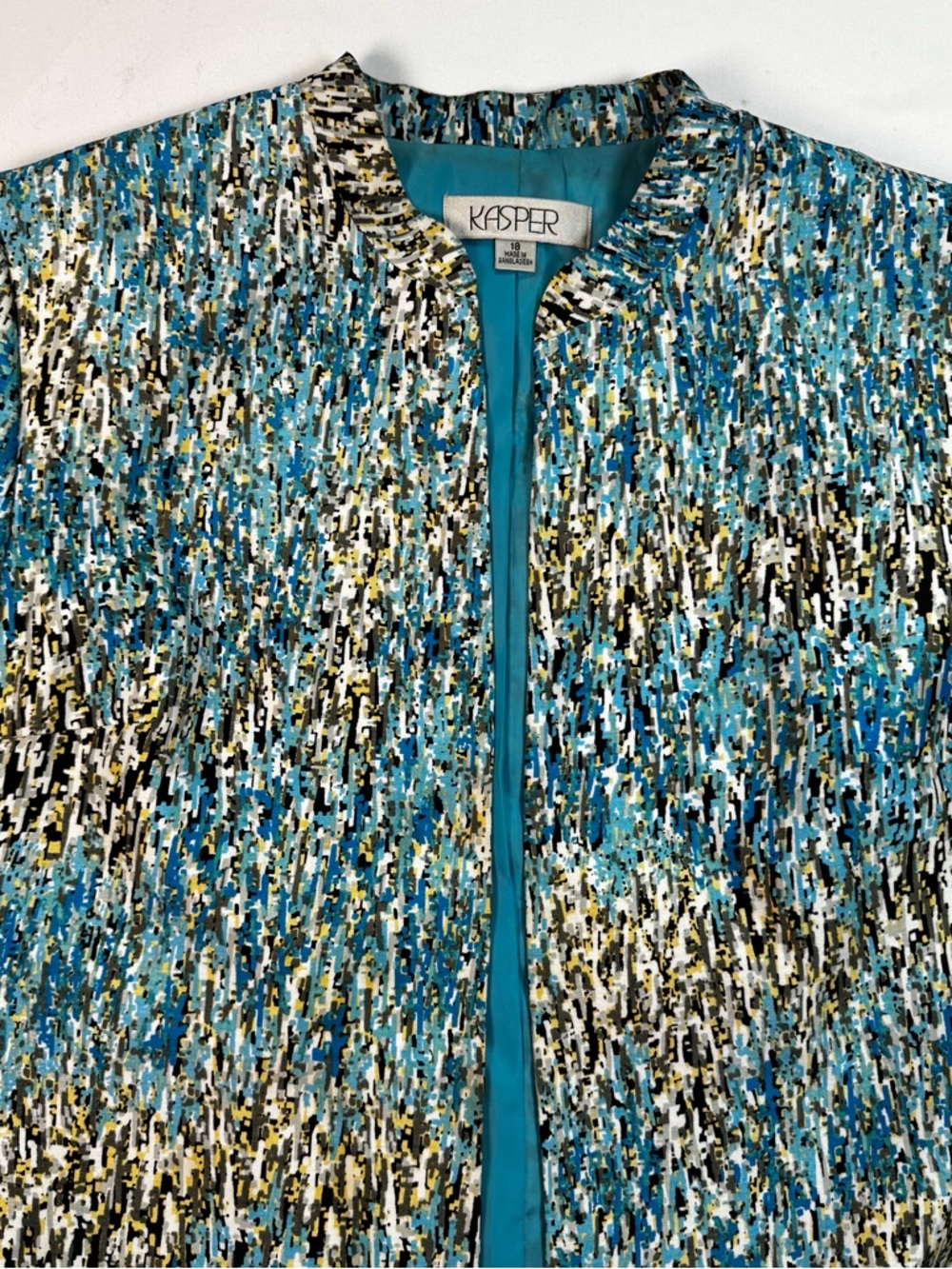 Kasper Abstract Printed Jacket in Teal, Black & White with Yellow Accents
